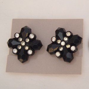 Vintage Avon Earrings Retro 1987 Black Beaded Clip White Rhinestones